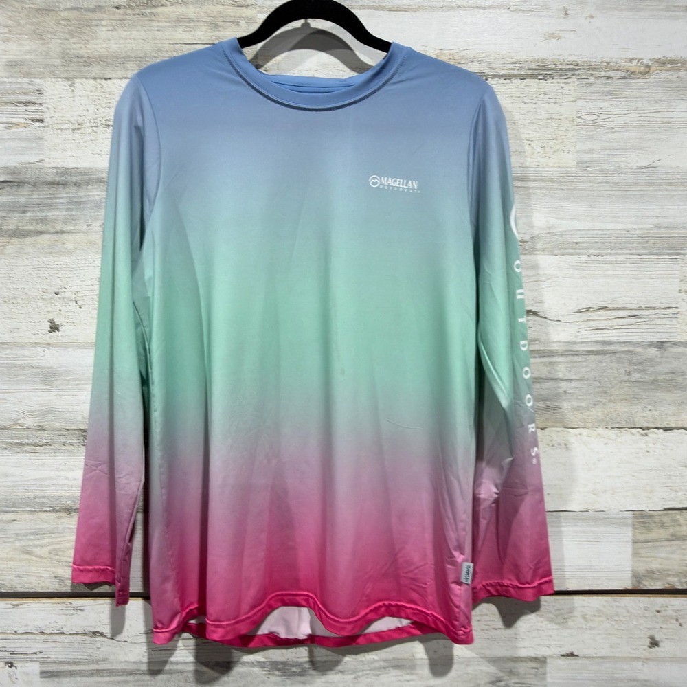 Magellan Outdoors Fishing Shirt Girls XL Blue Green Pink Ombre *Flawed